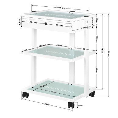 Professionele werktafel Giovanni Beauty Type 1040A met lade en glazen legplanken voor schoonheidssalon en nagelstudio