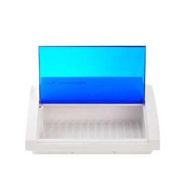Professionele UV-C-sterilisator blauw voor desinfectie van cosmetische en kappersaccessoires in salon en beautypraktijk