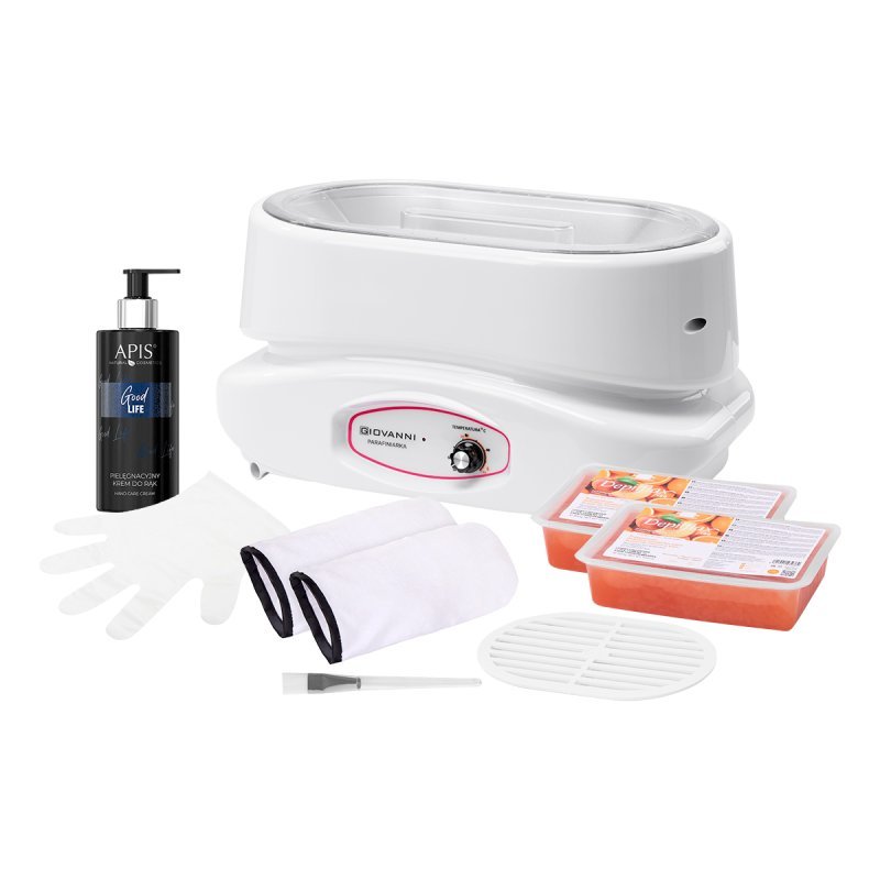 Paraffinebad set C Giovanni 220W voor handen en voeten, met paraffine, handschoenen en handcrème voor salonverzorging Paraffinebad set C Giovanni 220W voor handen en voeten, met paraffine, handschoenen en handcrème voor salonverzorging