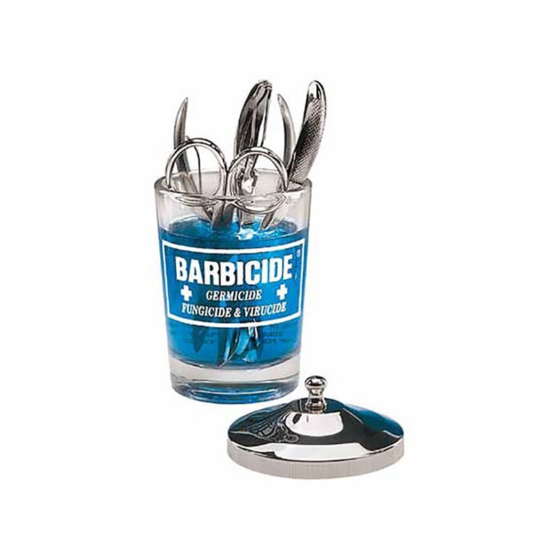 Glazen desinfectiepot Barbicide 120 ml voor dompeldesinfectie van kleine instrumenten en zichtbare salonhygiëne