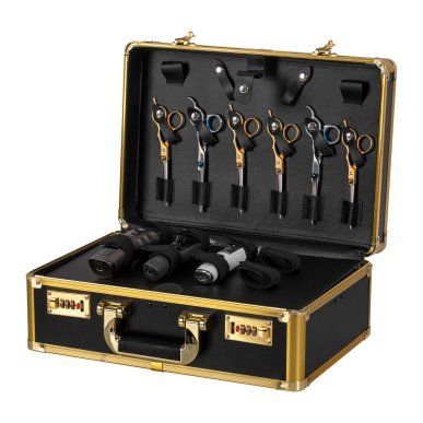 Professionele barberkoffer goud-zwart voor salonorganisatie, comfortabel werken en verzorgde presentatie in de kapsalon