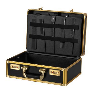 Professionele barberkoffer goud-zwart voor salonorganisatie, comfortabel werken en verzorgde presentatie in de kapsalon