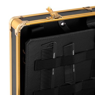 Professionele barberkoffer goud-zwart voor salonorganisatie, comfortabel werken en verzorgde presentatie in de kapsalon