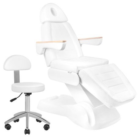 Elektrische behandelstoel wit Sillon 273B met kruk 304 voor beautysalon en professionele behandelruimte met klantcomfort