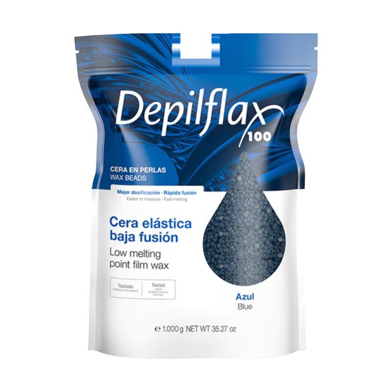 Flexibele blauwe ontharingswax Depilflax 100 Pearl Azul 1000 g voor professionele waxbehandelingen met laag smeltpunt