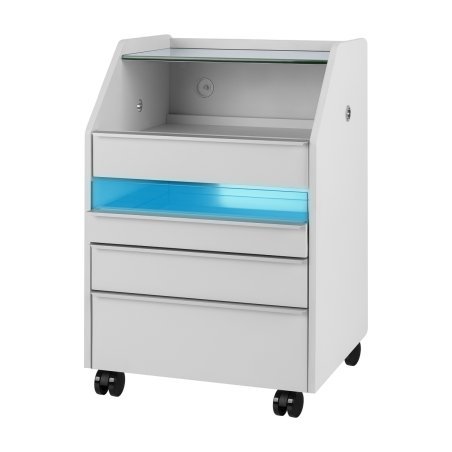 Podologietrolley 984 in grijs met UV-lade, stopcontacten en loeplamphouder voor professionele behandelruimtes