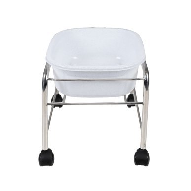 Rechte pedicurebak met chromen wielen voor professionele salonbehandelingen en een comfortabele, verzorgde werkplek