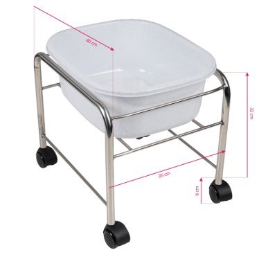 Rechte pedicurebak met chromen wielen voor professionele salonbehandelingen en een comfortabele, verzorgde werkplek