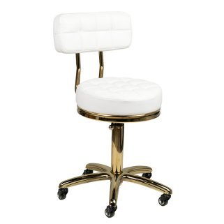 Professionele beautystool AM-961 wit met gouden details voor salon en behandelruimte, comfortabel cliëntcontact en nette