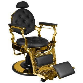 Professionele barberstoel Gabbiano Giulio zwart met gouden elementen voor knippen, scheren en baardverzorging in de salon