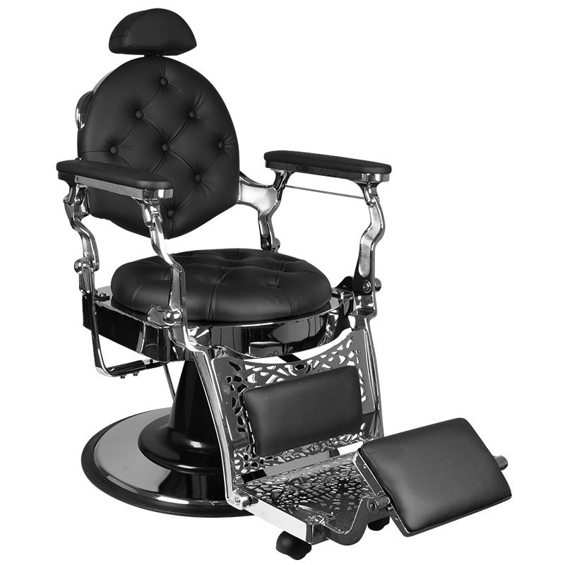 Professionele barberstoel Gabbiano Giulio zwart met zilveren elementen voor knippen, scheren en baardverzorging in salons