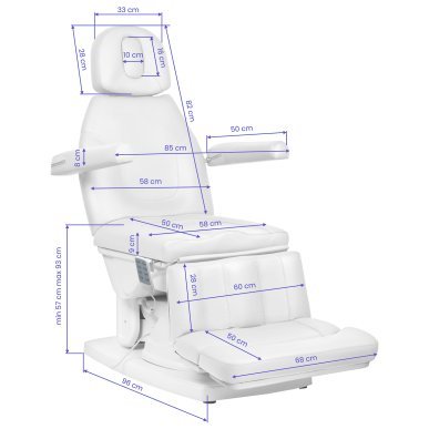 Elektrische podologiestoel Kate met 4 actuatoren, witte uitvoering en ligfunctie voor professionele pedicure- en