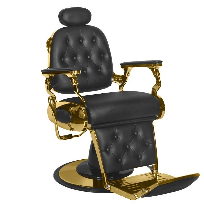 Professionele barberstoel Francesco Gabbiano zwart-goud met hydraulische lift voor comfortabele barbershopbehandelingen