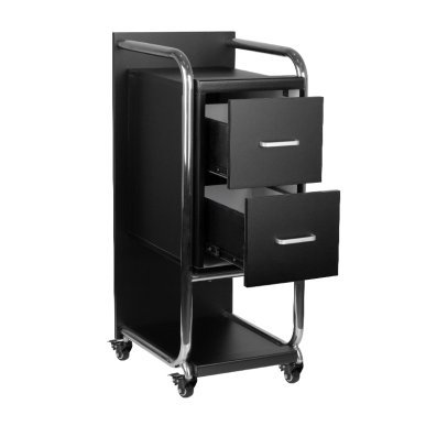 Professionele kappers trolley Gabbiano Solo zilver-zwart met 2 laden en 2 legplanken voor georganiseerde salonwerkzaamheden