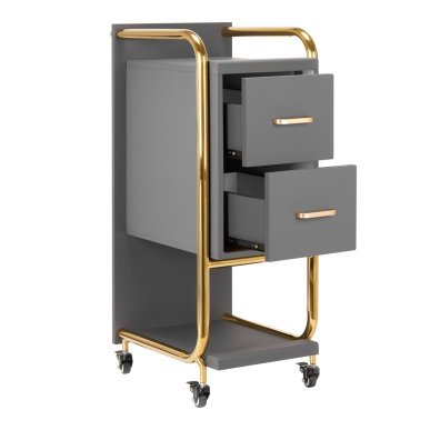 Kappers trolley Gabbiano Solo goud-grijs met laden en legplanken voor professionele organisatie en mobiel salonwerk