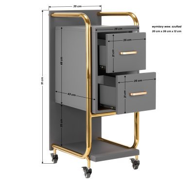 Kappers trolley Gabbiano Solo goud-grijs met laden en legplanken voor professionele organisatie en mobiel salonwerk