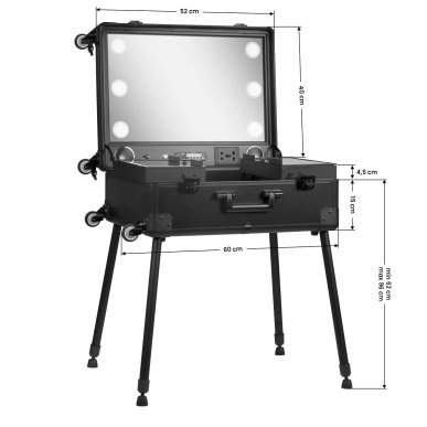 Mobiele beautycase met zwarte speakers voor professioneel salonwerk en mobiele beautyservice als praktisch werkstation