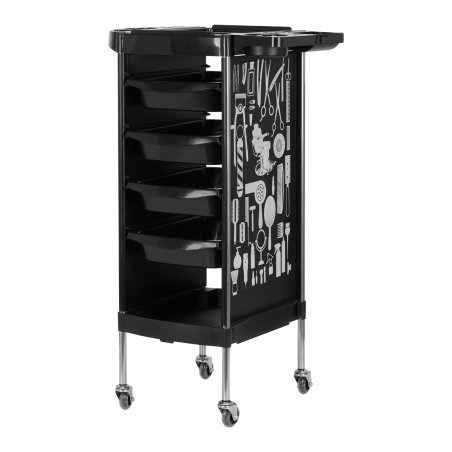 Kappers trolley Gabbiano X11-9 zwart met graphics voor professionele salonorganisatie en kappers- en barberwerk
