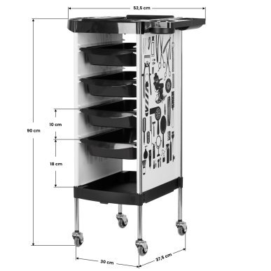 Kappers trolley Gabbiano X11-9 wit met graphics voor georganiseerde salonbenodigdheden en professioneel kapperswerk
