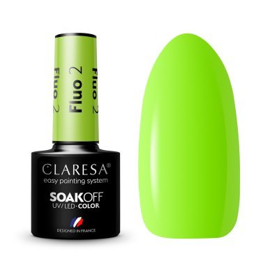 Gellak Fluo 2 Claresa 5 g voor manicure en pedicure met neon-effect en glans voor salonstyling en thuisgebruik